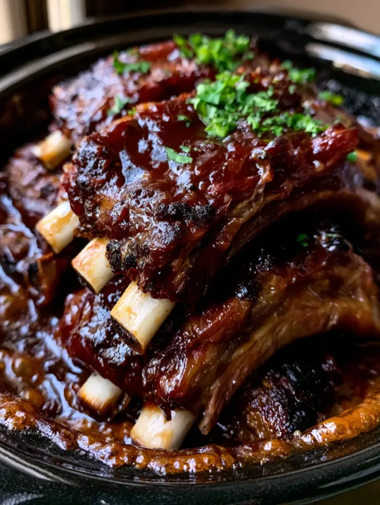 Close-up of pull-apart tender ribs inside a black ceramic slow cooker with chopped parsley garnish. (Crockpot BBQ Ribs)