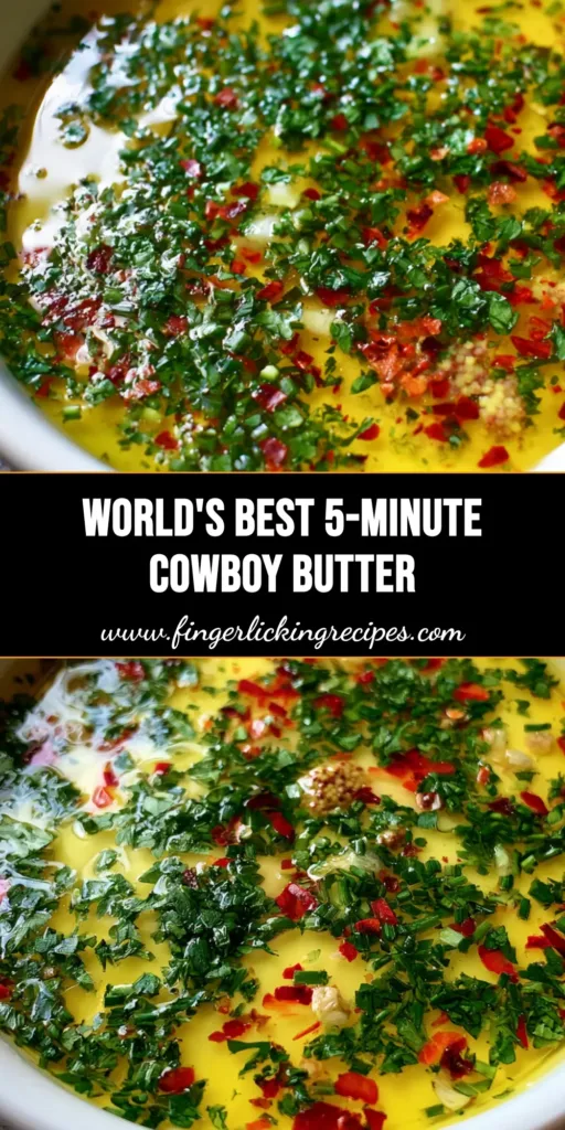 A top-down view of a white bowl filled with melted golden butter, flecked with green parsley, chives, and red pepper flakes. (Cowboy Butter Recipe)