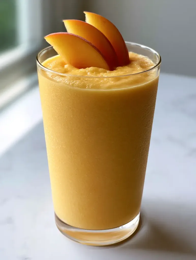 Overhead view of a thick Peach Smoothie With Frozen Peaches showing velvety pale orange texture and peach garnish.