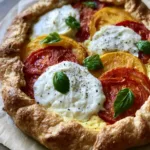 A close-up shot of a Caprese Galette showing the blistered red and yellow tomatoes and bubbly white mozzarella cheese. (Caprese Galette)
