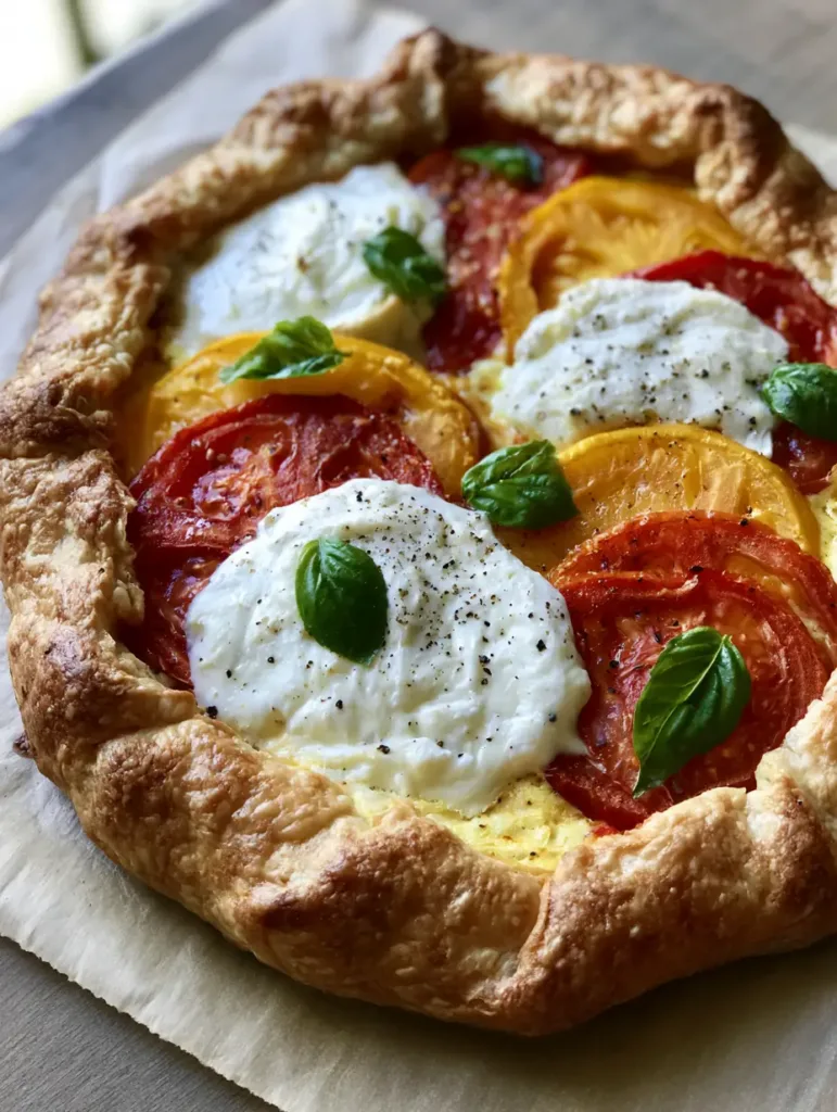 A close-up shot of a Caprese Galette showing the blistered red and yellow tomatoes and bubbly white mozzarella cheese. (Caprese Galette)