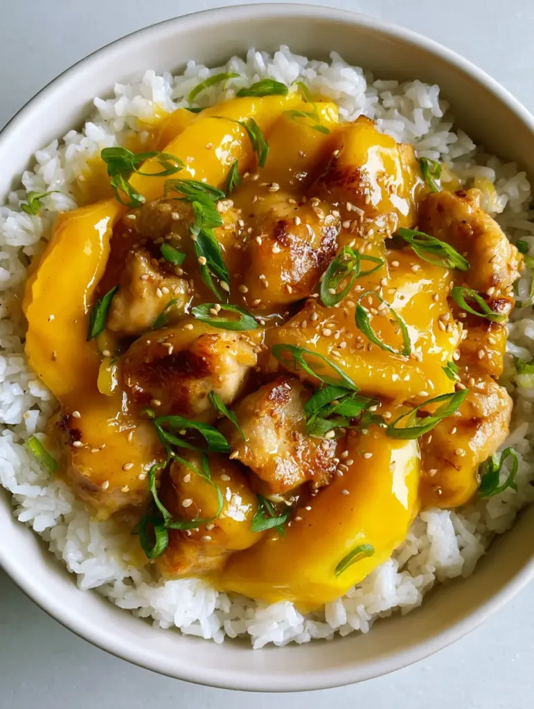 Slightly angled view of Asian Mango Glazed Chicken on a bed of fluffy jasmine rice with vibrant orange mango slices.