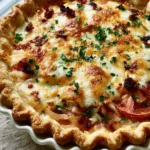 Close-up of a thick savory tomato pie with visible layers of blistered red tomatoes, crispy bacon crumbles, and melted cheese. (Savory Tomato Pie with Bacon)