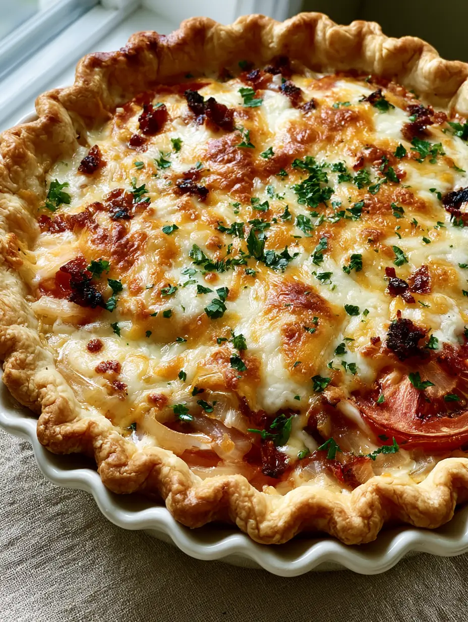 Savory Tomato Pie with Bacon: The Ultimate Southern Summer Classic 5 Close-up of a thick savory tomato pie with visible layers of blistered red tomatoes, crispy bacon crumbles, and melted cheese. (Savory Tomato Pie with Bacon)