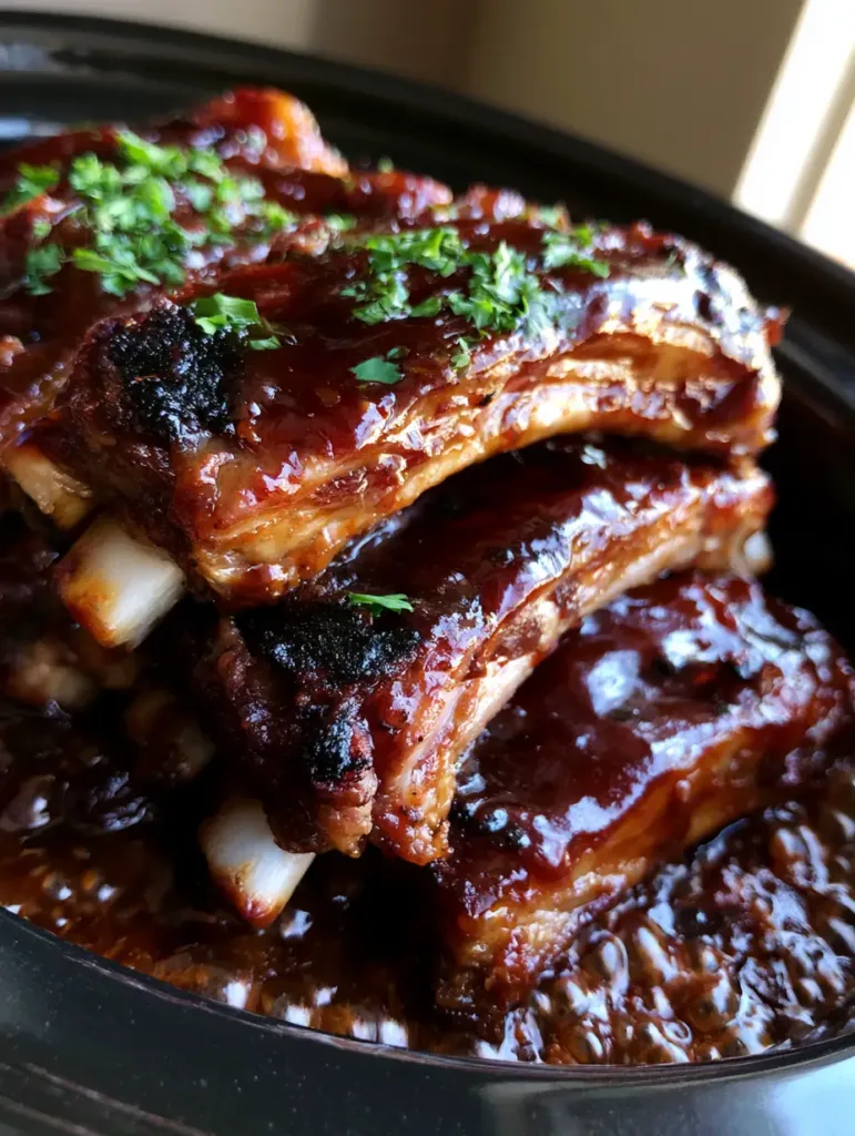 Sticky mahogany barbecue sauce on pork spare ribs with visible caramelized patches.