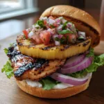 Close up of a Hawaiian Chicken Sandwich showing the glossy teriyaki glaze and thick grilled pineapple slice.