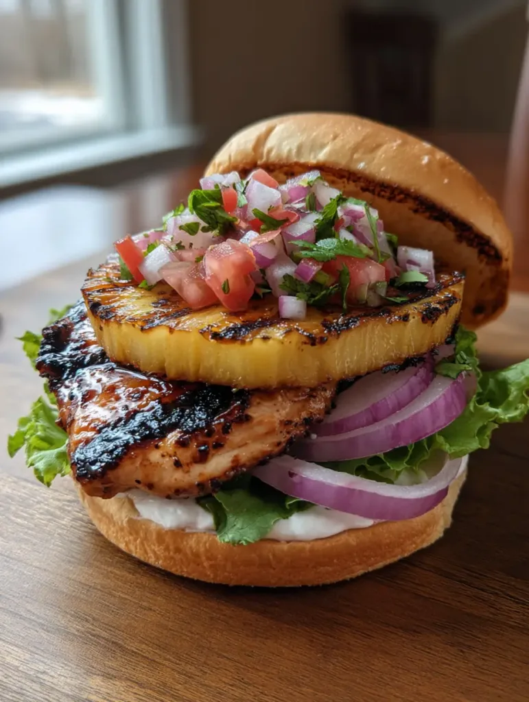 Close up of a Hawaiian Chicken Sandwich showing the glossy teriyaki glaze and thick grilled pineapple slice.