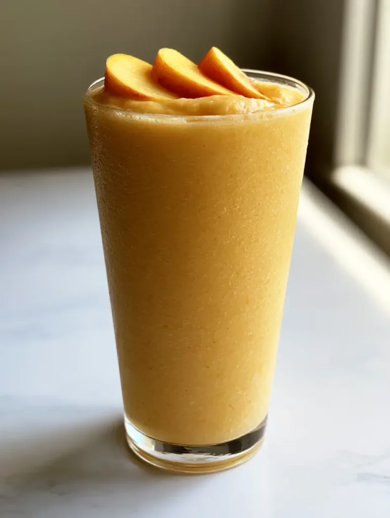 Side view of a Peach Smoothie With Frozen Peaches in a cylindrical glass on a marble surface in natural light.