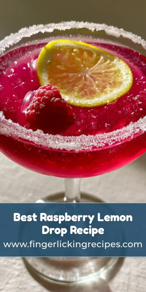 Raspberry Lemon Drop Cocktail: The Ultimate Vibrant Magenta Sipper 7 A stunning Raspberry Lemon Drop Cocktail in a sugar-rimmed coupe glass with a vibrant magenta hue and fresh berry garnish.