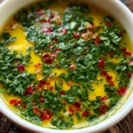 Cowboy Butter Recipe: The Ultimate Zesty Infusion for Steak and Seafood Close-up shot of a small white ceramic dipping bowl filled with melted golden-yellow butter and fresh green herbs. (Cowboy Butter Recipe)