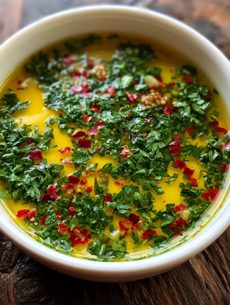 Close-up shot of a small white ceramic dipping bowl filled with melted golden-yellow butter and fresh green herbs. (Cowboy Butter Recipe)
