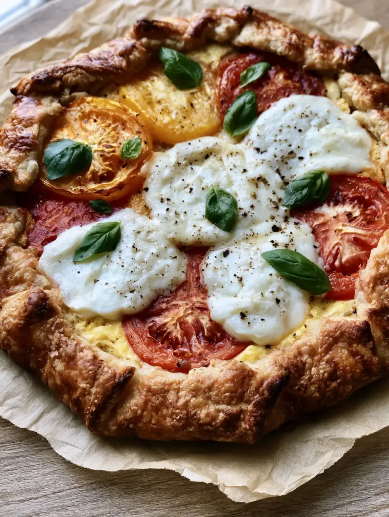 Top-down view of a savory Caprese Galette with vibrant green basil leaves and cracked black pepper garnish.