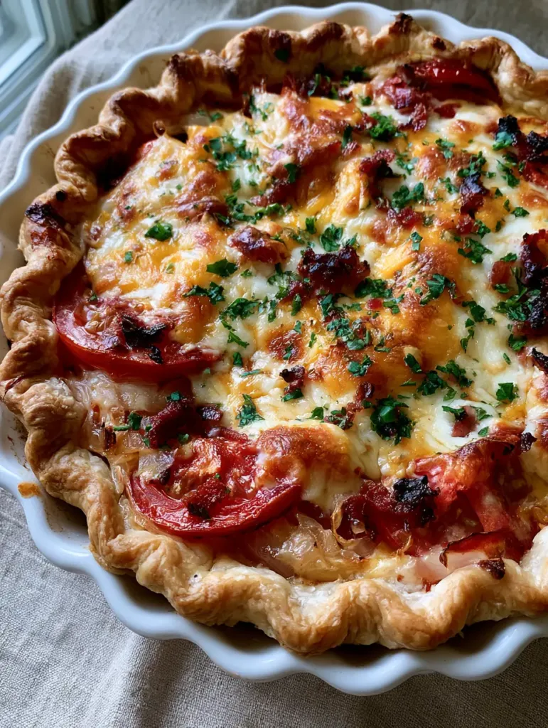 Savory Tomato Pie with Bacon: The Ultimate Southern Summer Classic 2 Top-down shot of a golden-brown flaky pie crust filled with roasted tomatoes and bubbly cheddar-mozzarella blend.