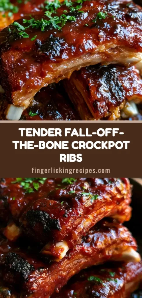 A stack of tender Crockpot BBQ Ribs with a dark mahogany glaze, bubbling sauce, and white bone tips showing. (Crockpot BBQ Ribs)
