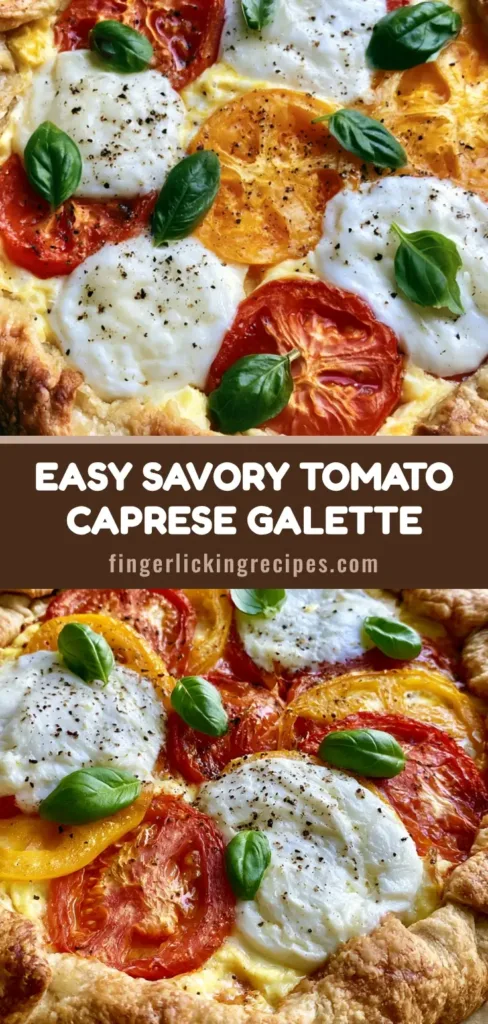 A rustic Caprese Galette on parchment paper with a golden-brown flaky crust, featuring red and yellow tomatoes and melted mozzarella. (Caprese Galette)