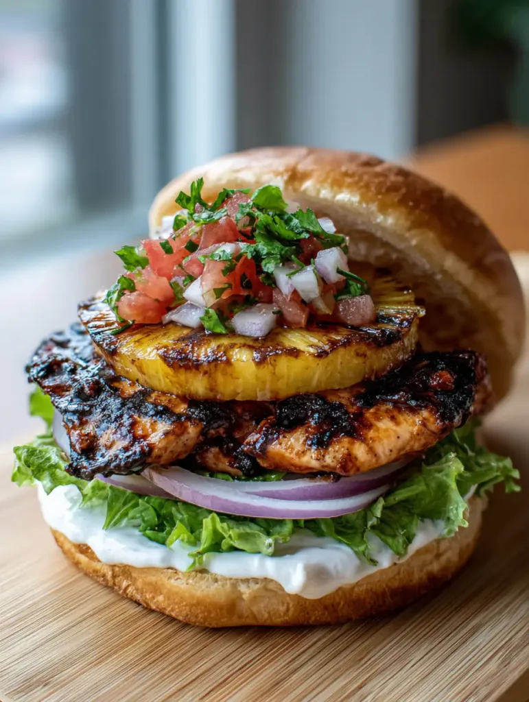 A Hawaiian Chicken Sandwich on a brioche bun with fresh tomato salsa and cilantro topping.