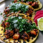 A close up handheld photo of three chicken street tacos featuring dark reddish-brown seared chicken and vibrant green cilantro. (Chicken Street Tacos)