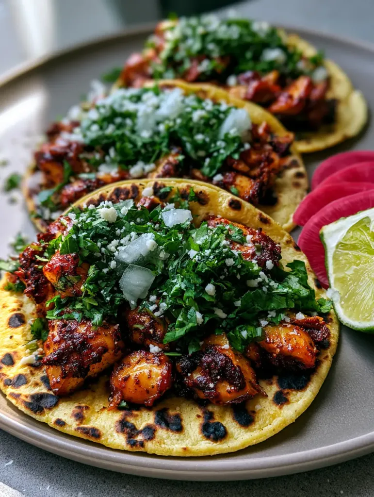 A close up handheld photo of three chicken street tacos featuring dark reddish-brown seared chicken and vibrant green cilantro. (Chicken Street Tacos)