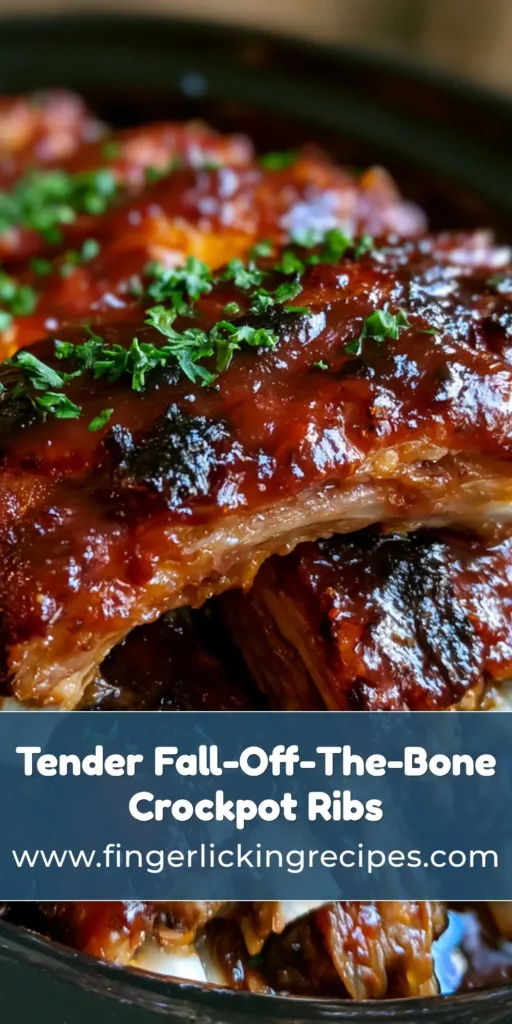 A stack of tender Crockpot BBQ Ribs with a dark mahogany glaze, bubbling sauce, and white bone tips showing. (Crockpot BBQ Ribs)