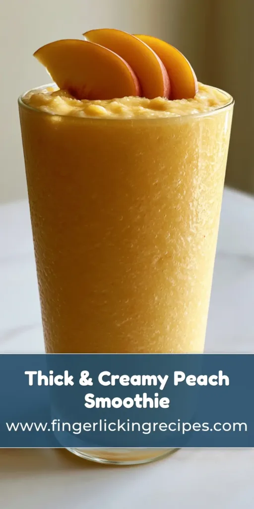 A tall clear glass filled with a thick Peach Smoothie With Frozen Peaches garnished with fresh peach slices on a white marble background.