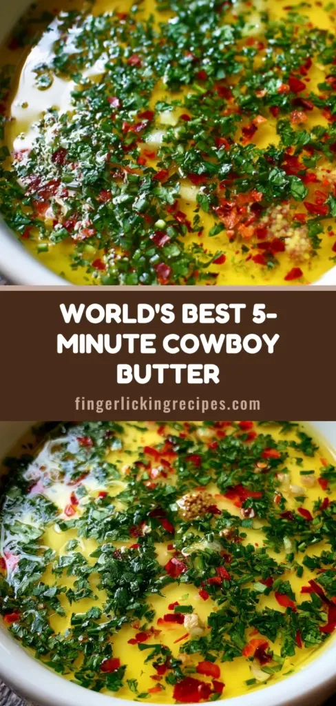 A top-down view of a white bowl filled with melted golden butter, flecked with green parsley, chives, and red pepper flakes. (Cowboy Butter Recipe)