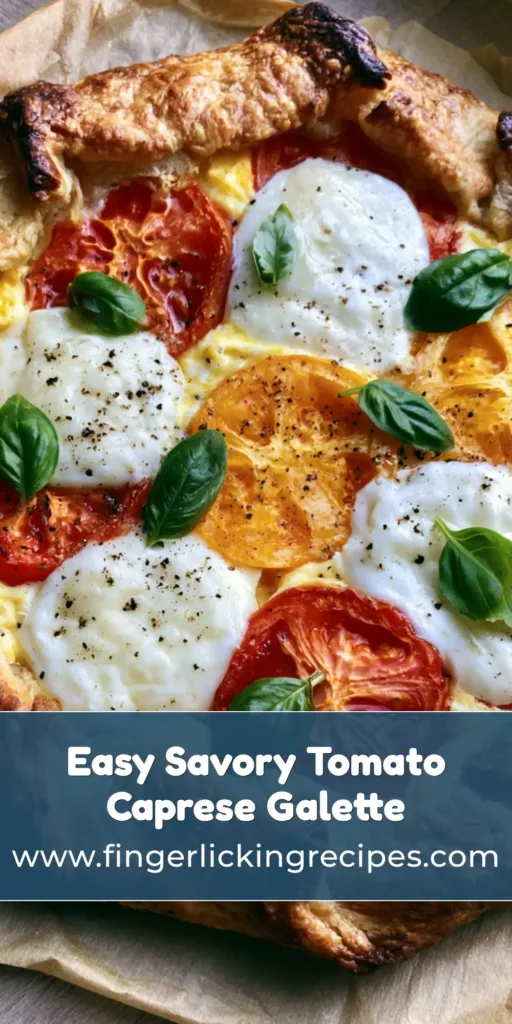 A rustic Caprese Galette on parchment paper with a golden-brown flaky crust, featuring red and yellow tomatoes and melted mozzarella. (Caprese Galette)