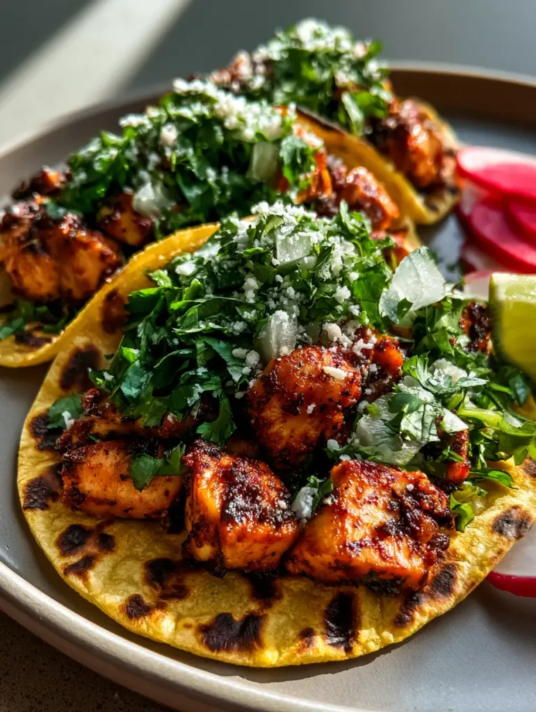 Overhead view of Chicken Street Tacos with crumbled cotija cheese, paper-thin radishes, and a fresh lime wedge on a neutral plate.