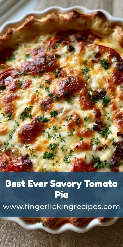 Savory Tomato Pie with Bacon: The Ultimate Southern Summer Classic 7 A top-down view of a Savory Tomato Pie with Bacon in a fluted white dish, featuring bubbly toasted cheese and fresh parsley garnish.