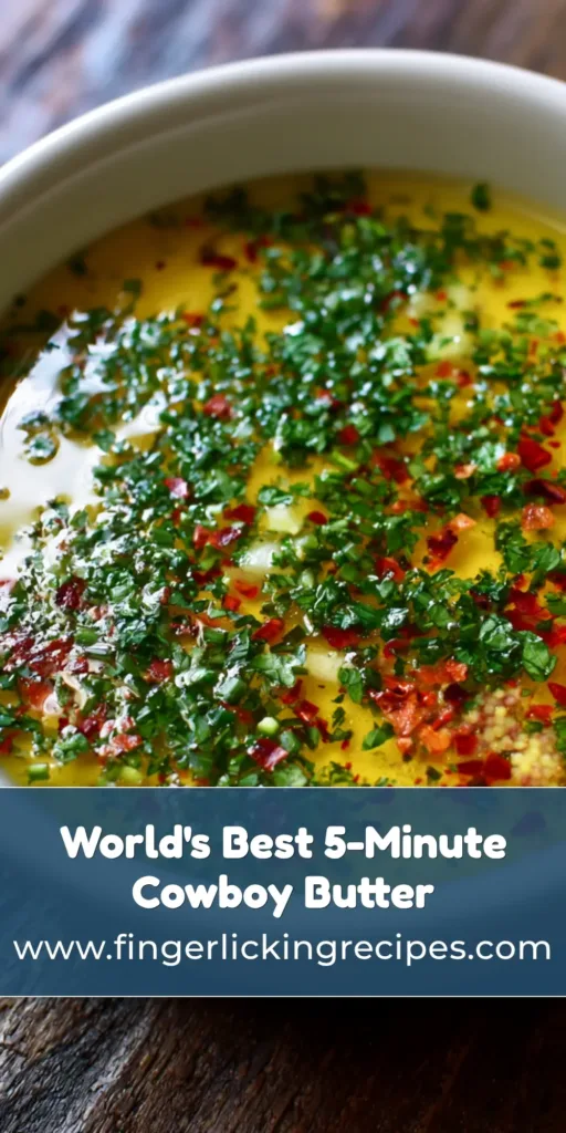 A top-down view of a white bowl filled with melted golden butter, flecked with green parsley, chives, and red pepper flakes. (Cowboy Butter Recipe)