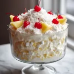 Top view of Hawaiian Pineapple Coconut Fluff showing the aerated cream texture, marshmallows, and bright red maraschino cherries.