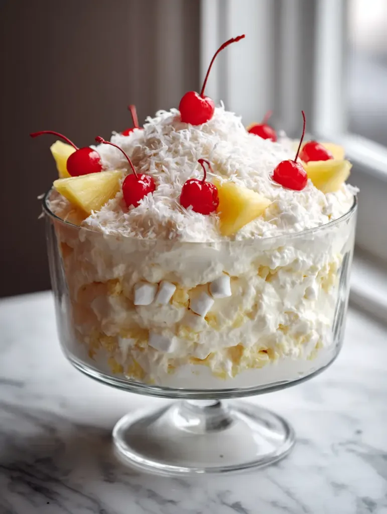 Top view of Hawaiian Pineapple Coconut Fluff showing the aerated cream texture, marshmallows, and bright red maraschino cherries.