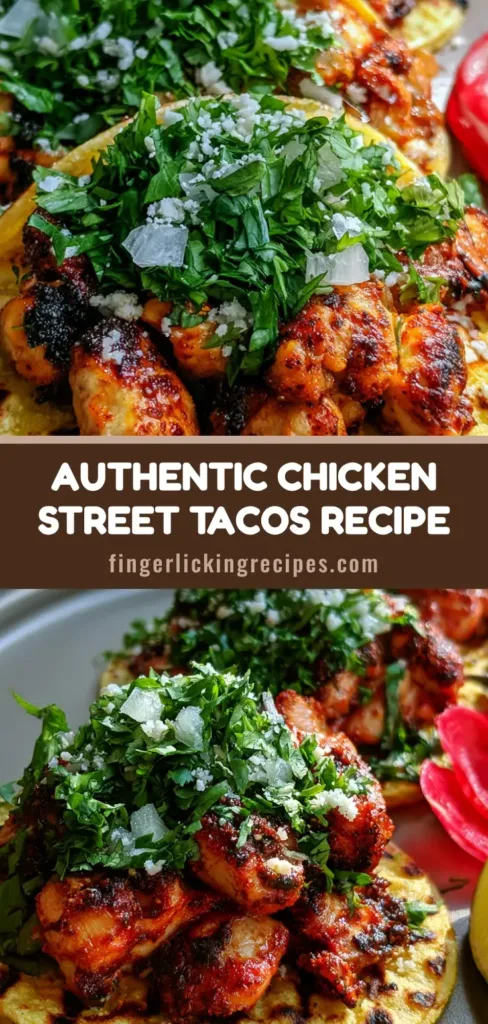 Three Chicken Street Tacos on a matte plate with charred yellow corn tortillas, seared chicken chunks, cilantro, white onion, and cotija cheese.