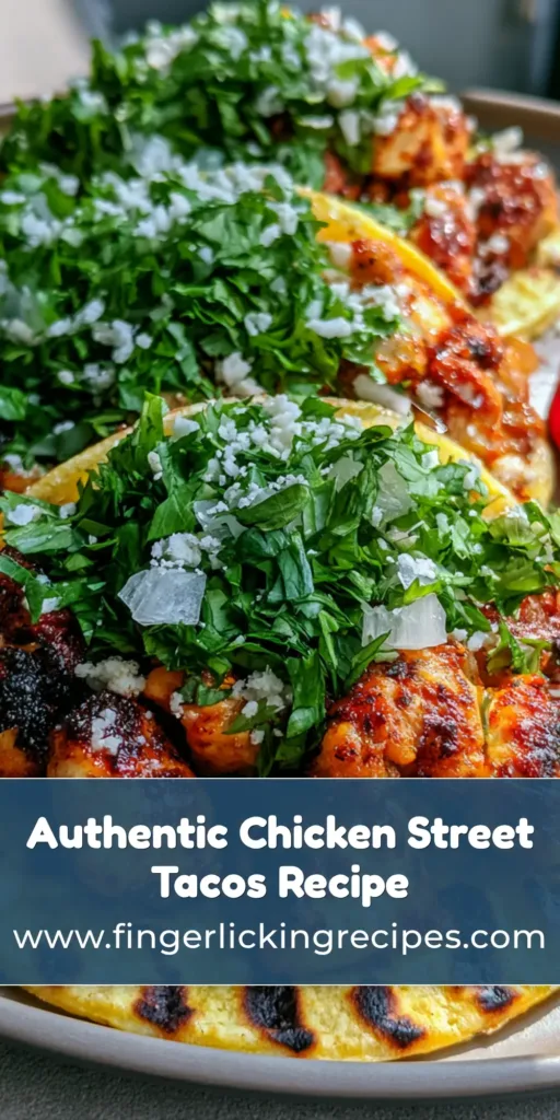 Three Chicken Street Tacos on a matte plate with charred yellow corn tortillas, seared chicken chunks, cilantro, white onion, and cotija cheese.
