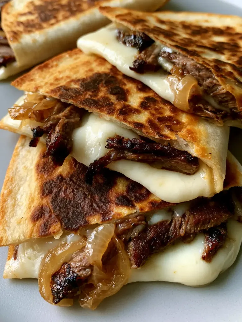 Smartphone photo of golden-brown Blackstone Steak Quesadillas showing juicy steak fibers and glistening cheese.