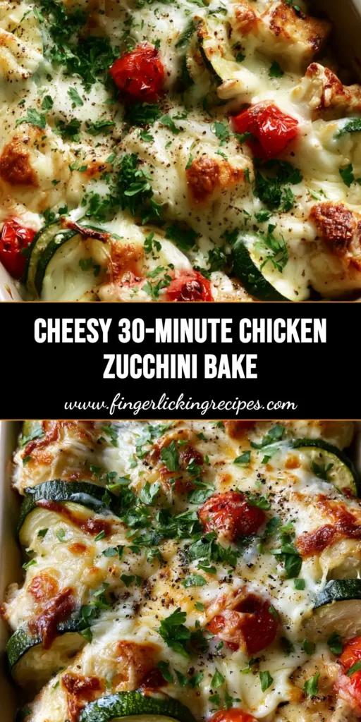 A rustic rectangular ceramic baking dish filled with seared golden-brown chicken, vibrant zucchini, and blistered tomatoes topped with melted mozzarella. (Chicken Zucchini Bake)