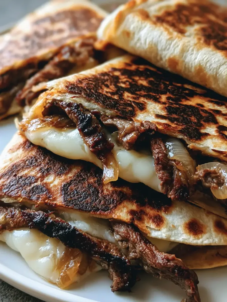 Plated Blackstone Steak Quesadillas with dark brown griddle marks and thick melted cheese.