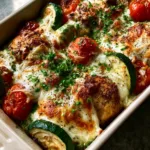 Top-down angled shot of a chicken and zucchini bake in a ceramic dish with toasted mozzarella and fresh parsley. (Chicken Zucchini Bake)