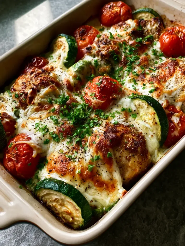 Top-down angled shot of a chicken and zucchini bake in a ceramic dish with toasted mozzarella and fresh parsley. (Chicken Zucchini Bake)