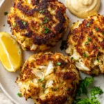 Old Bay Crab Cake Recipe: The Ultimate Maryland Jumbo Lump Guide Top-down view of three thick round Maryland-style crab cakes with golden-brown crust and green parsley flecks on a white plate. (Old Bay Crab Cake Recipe)