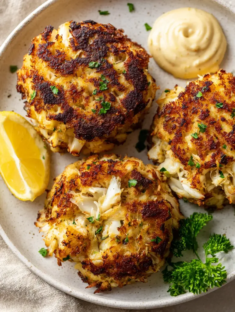 Top-down view of three thick round Maryland-style crab cakes with golden-brown crust and green parsley flecks on a white plate. (Old Bay Crab Cake Recipe)