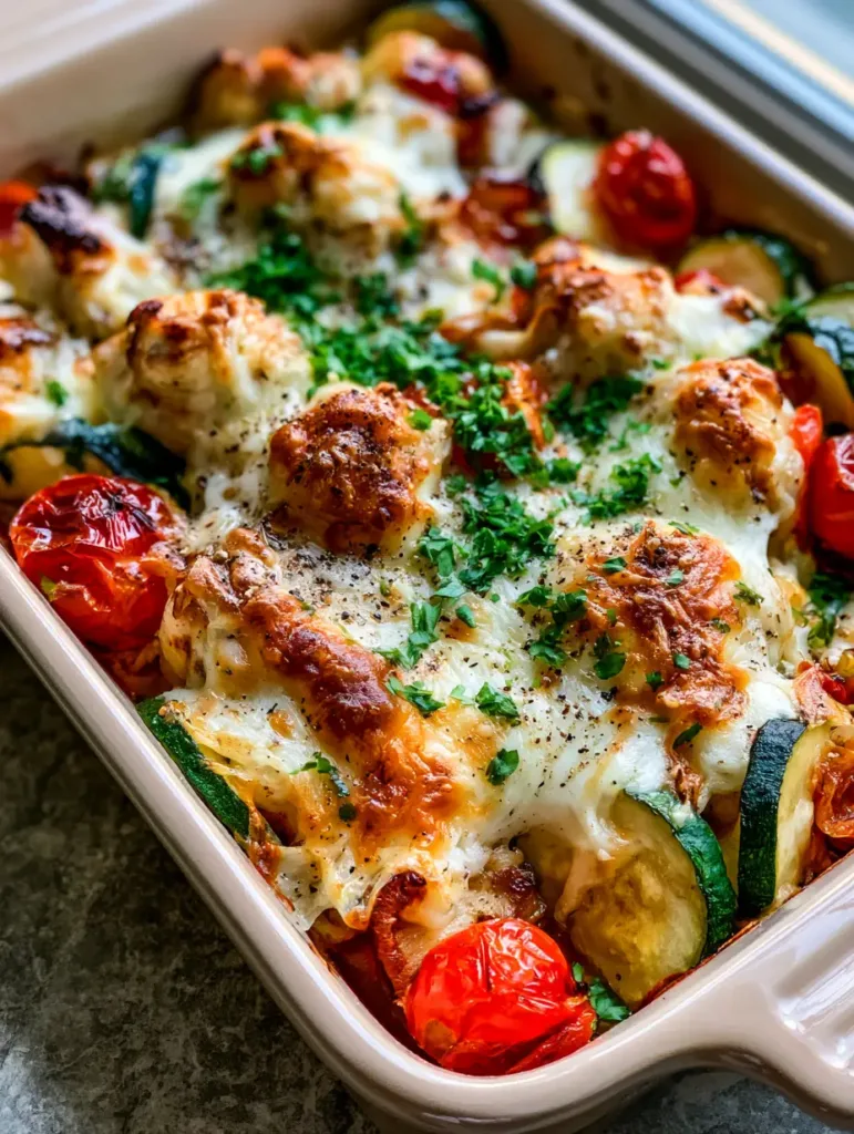 A handheld smartphone photo showing the stringy texture of melted mozzarella over seared chicken and zucchini. (Chicken Zucchini Bake)