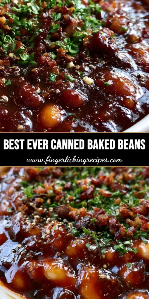 A close-up vertical shot of glossy Canned Baked Beans in a white bowl topped with crispy bacon and fresh parsley on a grey stone counter.