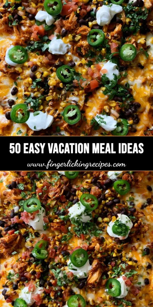 Vacation Meal Ideas: The Ultimate Loaded Family-Style Sheet Pan Nachos 5 A top-down view of loaded family-style nachos on a silver baking sheet, featuring melted cheese and fresh jalapeños. (Vacation Meal Ideas)