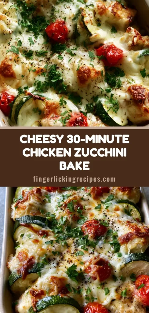 A rustic rectangular ceramic baking dish filled with seared golden-brown chicken, vibrant zucchini, and blistered tomatoes topped with melted mozzarella. (Chicken Zucchini Bake)