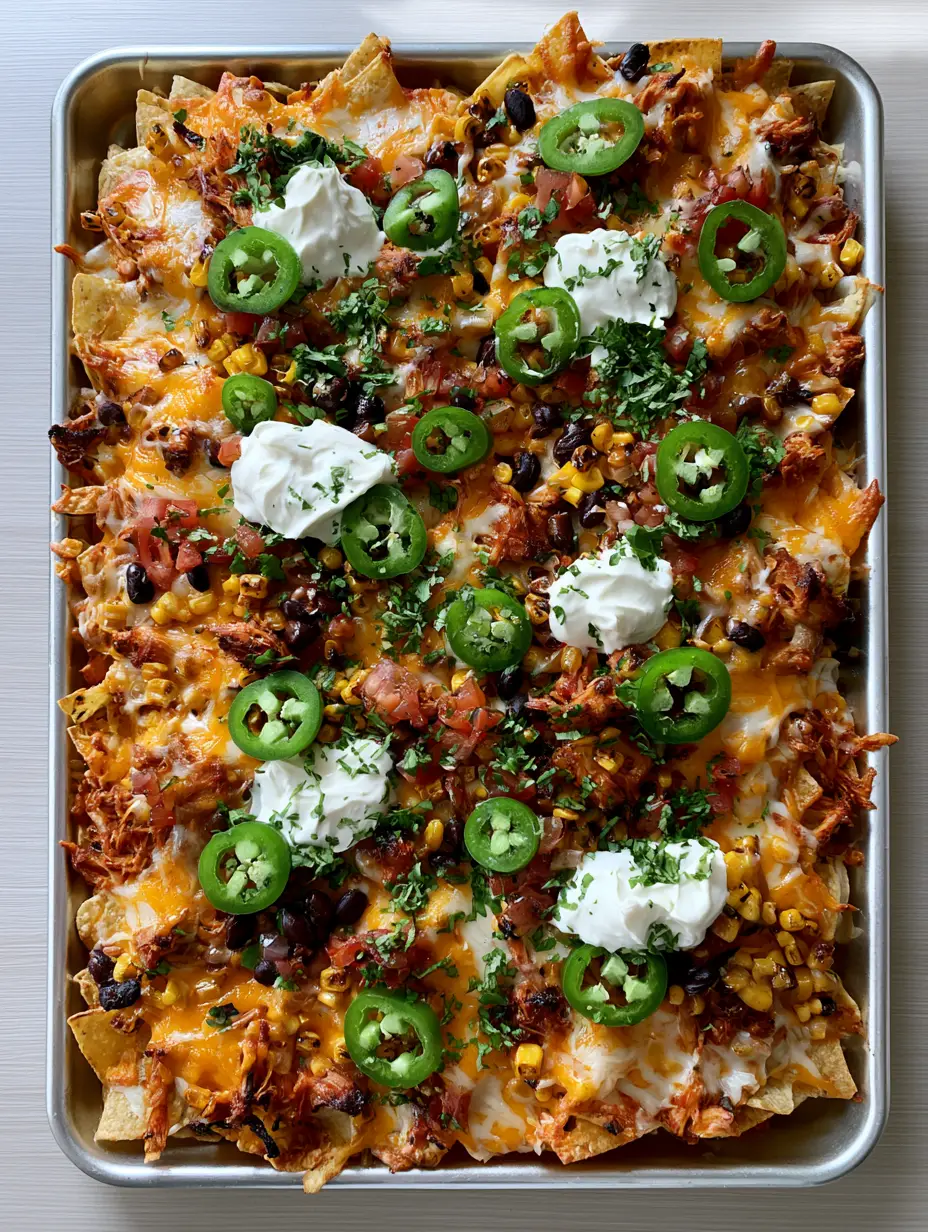 Vacation Meal Ideas: The Ultimate Loaded Family-Style Sheet Pan Nachos 4 Rectangular silver baking sheet overflowing with loaded nachos on a light wooden table. (Vacation Meal Ideas)