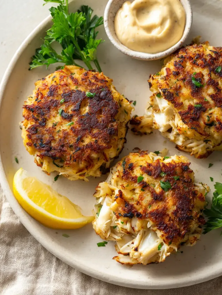Close-up of seared jumbo lump crab meat with charred edges and a side of tartar sauce with capers.