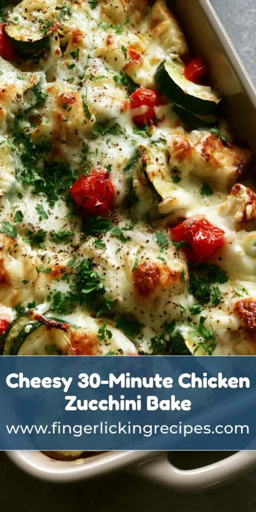 A rustic rectangular ceramic baking dish filled with seared golden-brown chicken, vibrant zucchini, and blistered tomatoes topped with melted mozzarella. (Chicken Zucchini Bake)