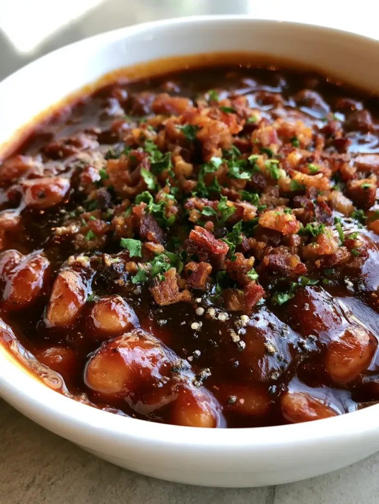 Close-up of baked beans showing the contrast between the green parsley, black pepper, and dark sauce.