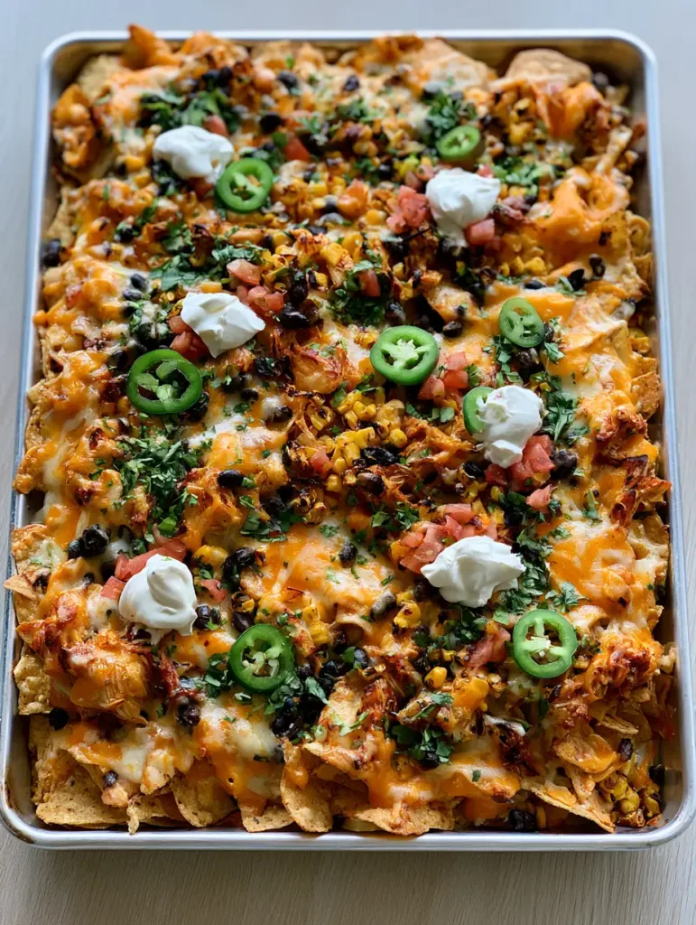 Vacation Meal Ideas: The Ultimate Loaded Family-Style Sheet Pan Nachos 2 Close-up top-down view of bubbly melted cheddar and jack cheese on corn chips with black beans and charred corn.