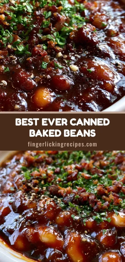 A close-up vertical shot of glossy Canned Baked Beans in a white bowl topped with crispy bacon and fresh parsley on a grey stone counter.